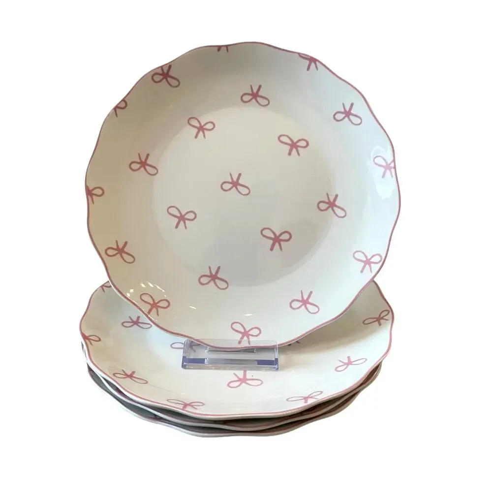 GODINGER Pink Bow 8in Salad Plates Set of 4 NEW